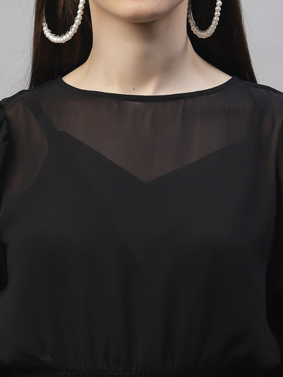 Athena Women Black Puff Sleeves Georgette Blouson Smocking Top - Athena Lifestyle