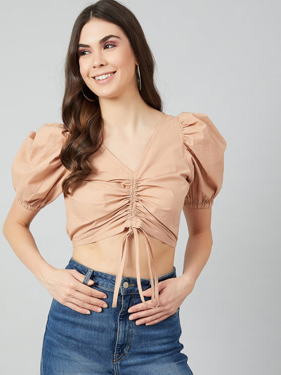 Athena Beige-Coloured Puff Sleeves Pure Cotton Fitted Crop Top