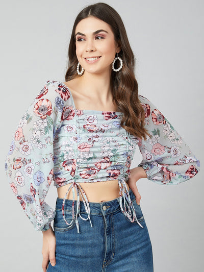 Athena Sea Green Floral Printed Puff Sleeves Georgette Fitted Crop Top - Athena Lifestyle
