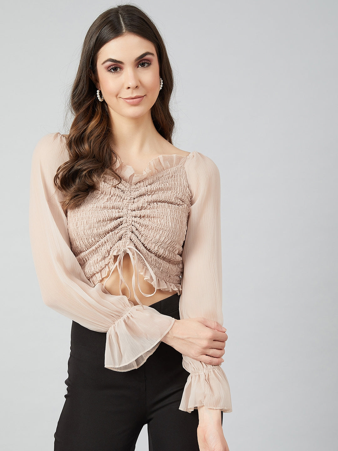 Athena Beige Puff Sleeves Smocked Chiffon Fitted Crop Top - Athena Lifestyle