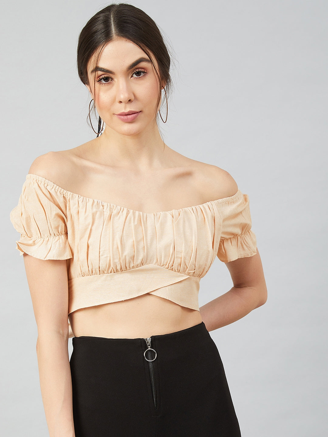 Athena Women Linen Beige Off-Shoulder Puff Sleeve With Back Knot Detail Bardot Crop Top - Athena Lifestyle