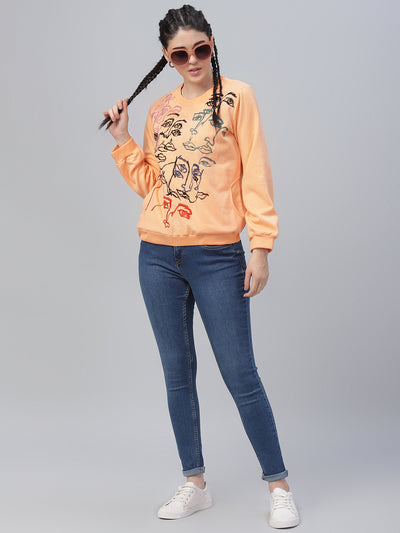 Athena Women Peach-Coloured & Black Embroidered Pullover Sweatshirt - Athena Lifestyle