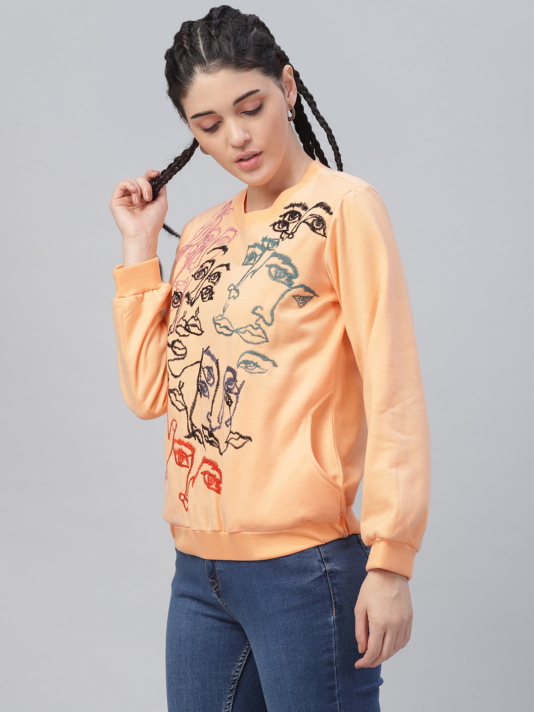 Athena Women Peach-Coloured & Black Embroidered Pullover Sweatshirt - Athena Lifestyle