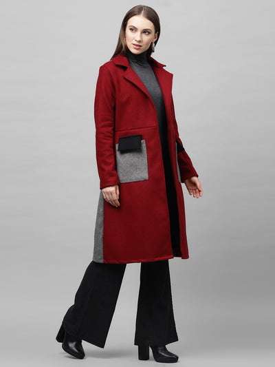 Athena Women Burgundy Solid Knee-Length Woollen Overcoat - Athena Lifestyle