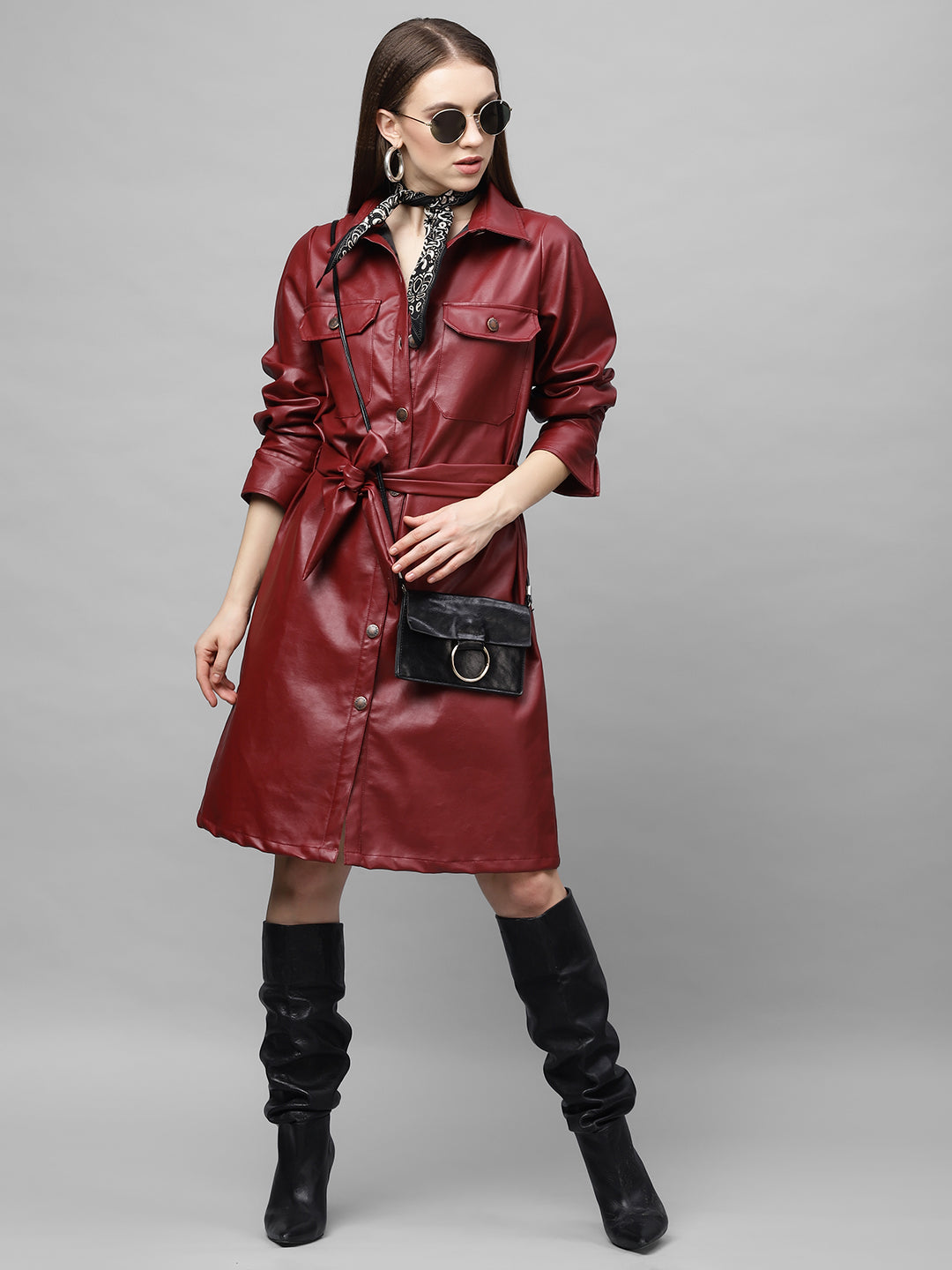 Athena Women Maroon Solid Leather Shirt Dress - Athena Lifestyle