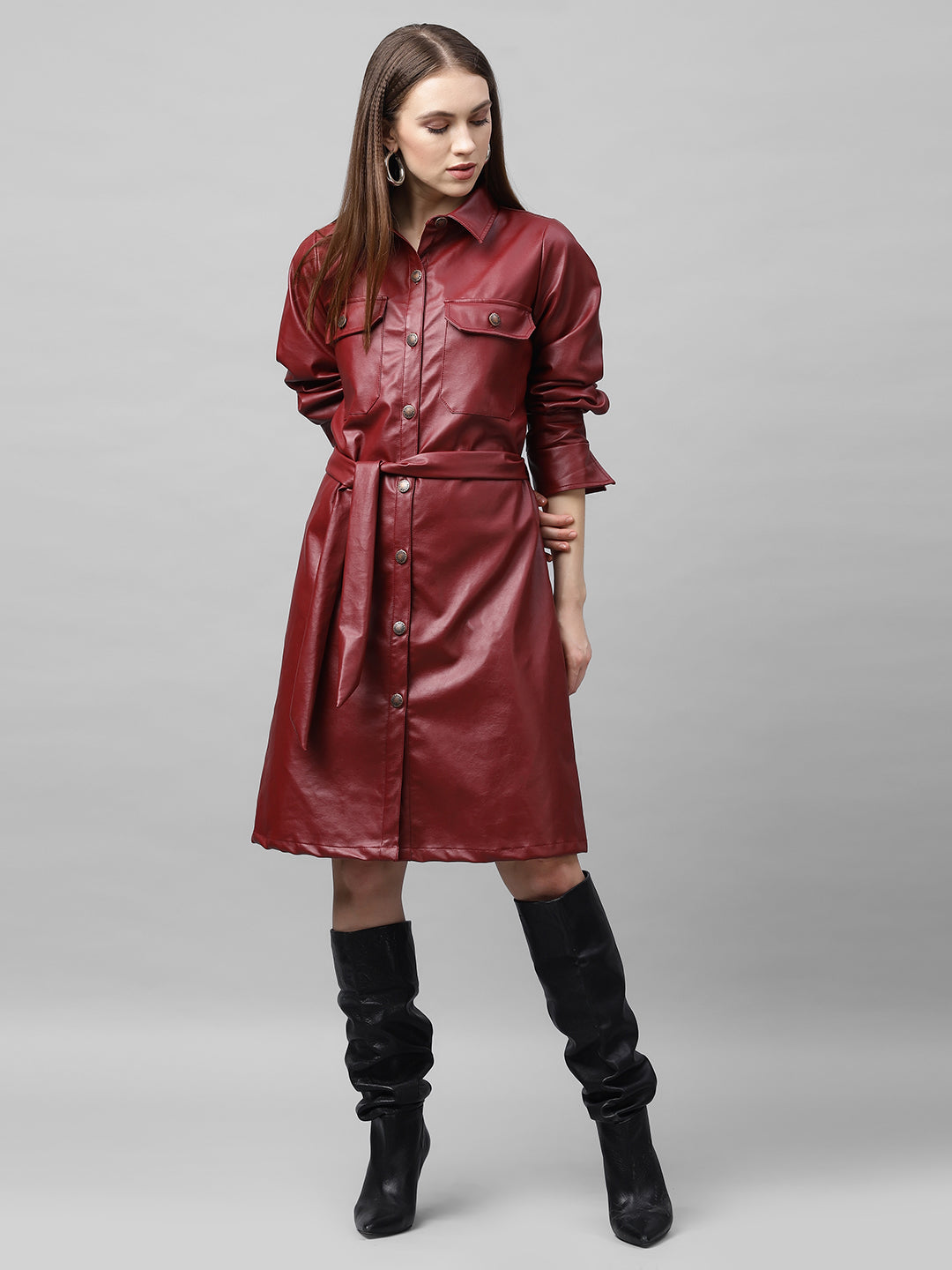 Athena Women Maroon Solid Leather Shirt Dress - Athena Lifestyle