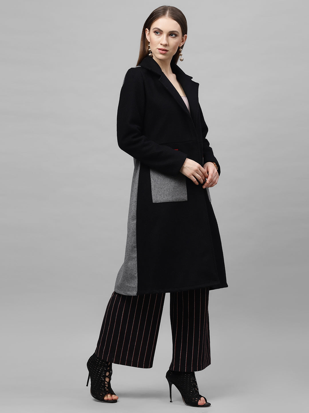 Athena Women Black & Grey Colorblock Longline Over Coat - Athena Lifestyle