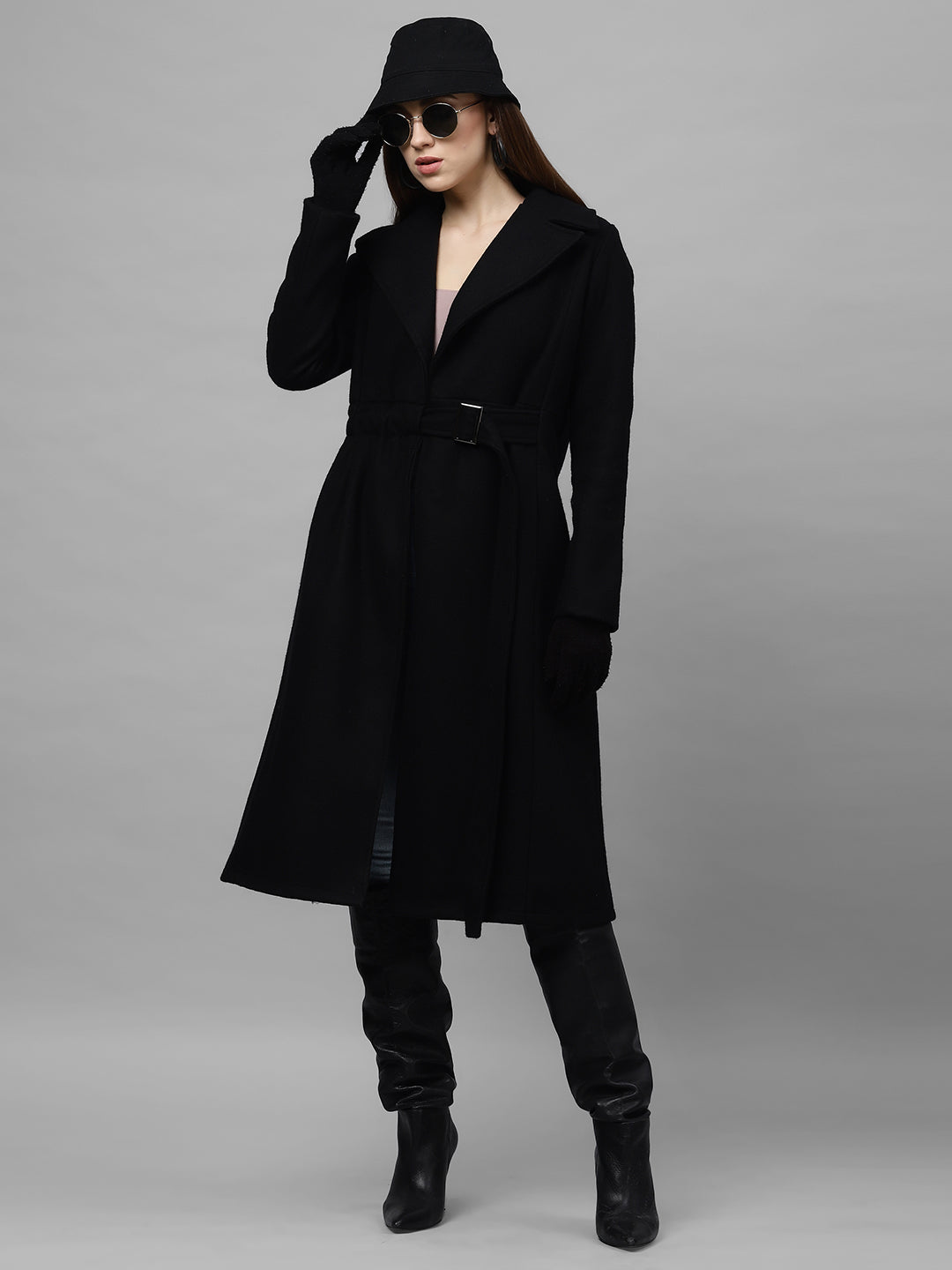 Athena Women Black Solid Regular-Fit Longline Overcoat - Athena Lifestyle