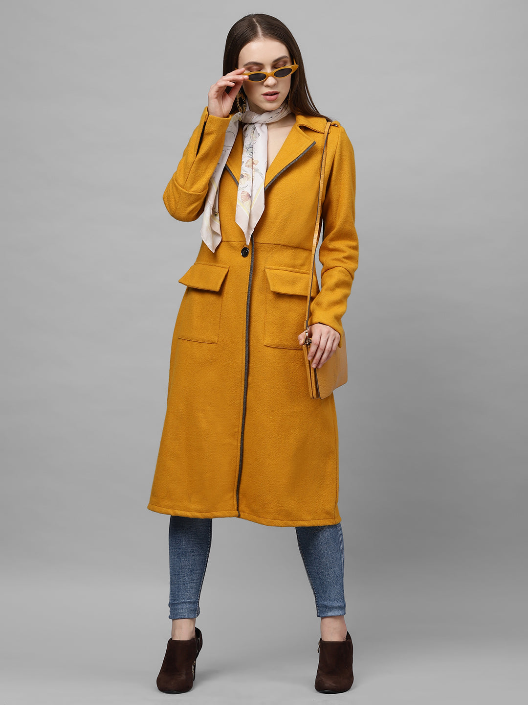 Athena Women Mustard Yellow Solid Longline Overcoat - Athena Lifestyle