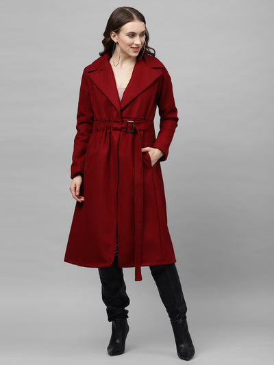 Athena Women Maroon Solid Woolen Longline Overcoat - Athena Lifestyle