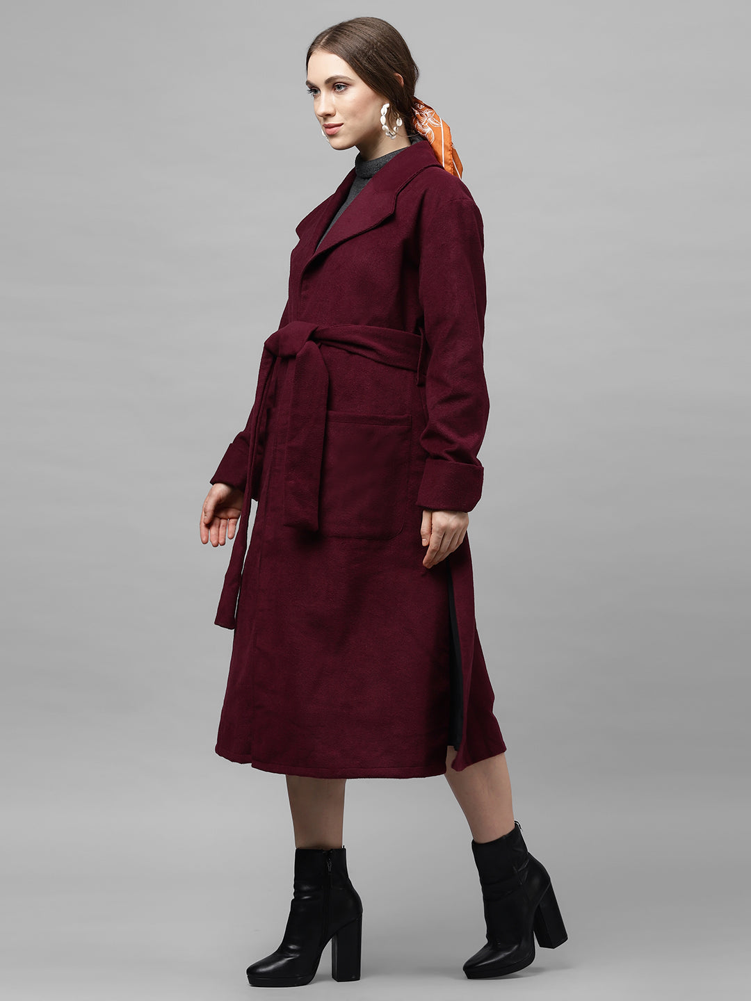 Athena Women Burgundy Solid Woolen Longline Overcoat - Athena Lifestyle