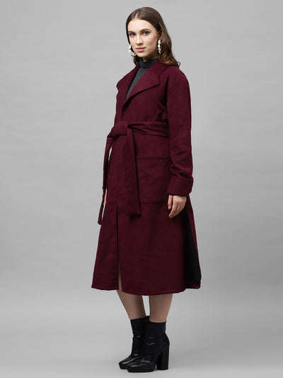 Athena Women Burgundy Solid Woolen Longline Overcoat - Athena Lifestyle