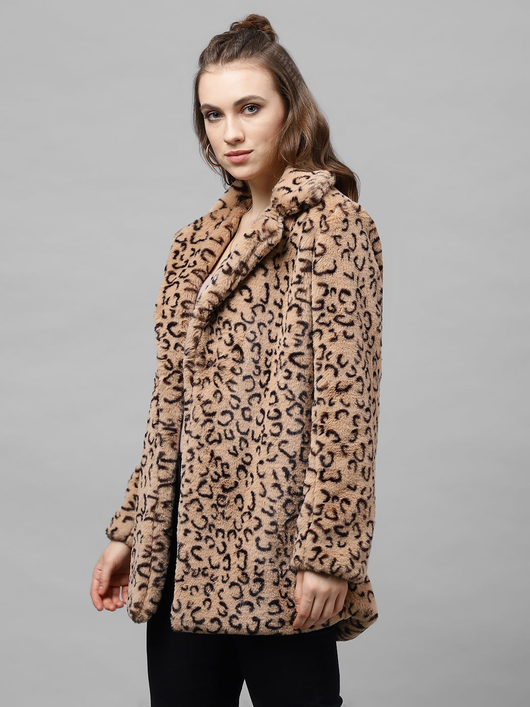 Athena Women Beige & Black Leopard Print Faux Fur Overcoat - Athena Lifestyle