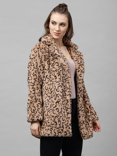 Athena Women Beige & Black Leopard Print Faux Fur Overcoat - Athena Lifestyle