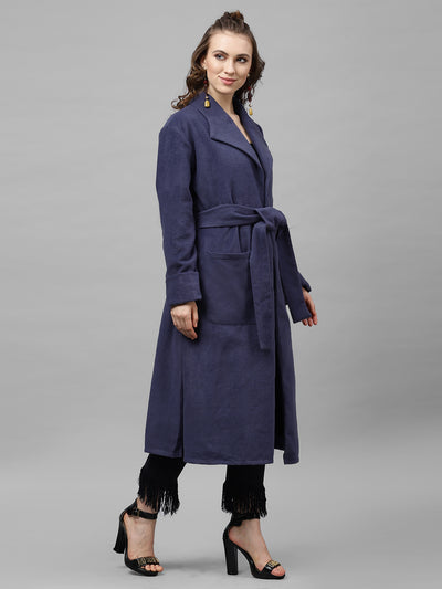 Athena Women Blue Solid Woolen Long-Line Overcoat - Athena Lifestyle