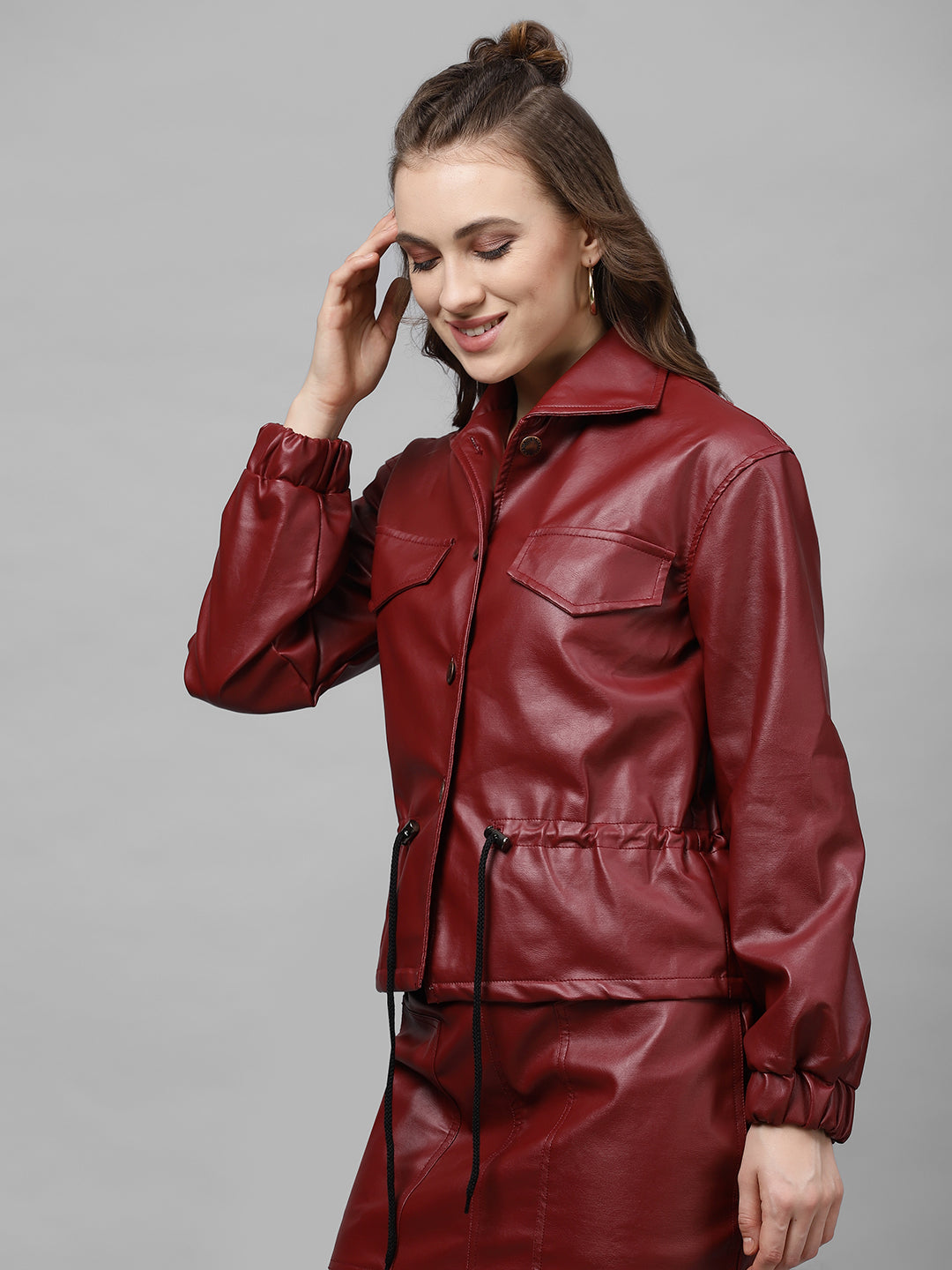 Athena Maroon Leather jacket with peplum and front drawstring detail - Athena Lifestyle