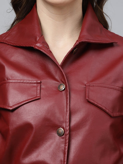 Athena Maroon Leather jacket with peplum and front drawstring detail - Athena Lifestyle
