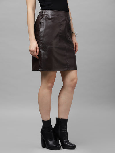 Athena Women Coffee Brown Solid Leather Mini Straight Skirt - Athena Lifestyle