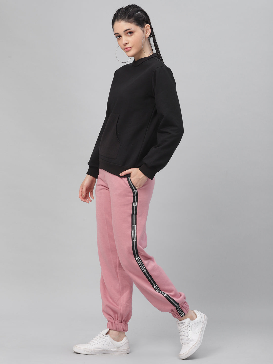 Athena Women Pink & Black Solid Sweatshirt with Joggers - Athena Lifestyle