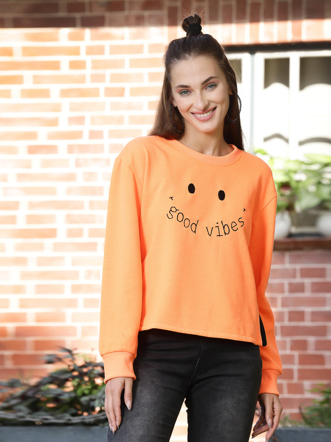 Athena Women Orange Printed Fleece Sweatshirt - Athena Lifestyle