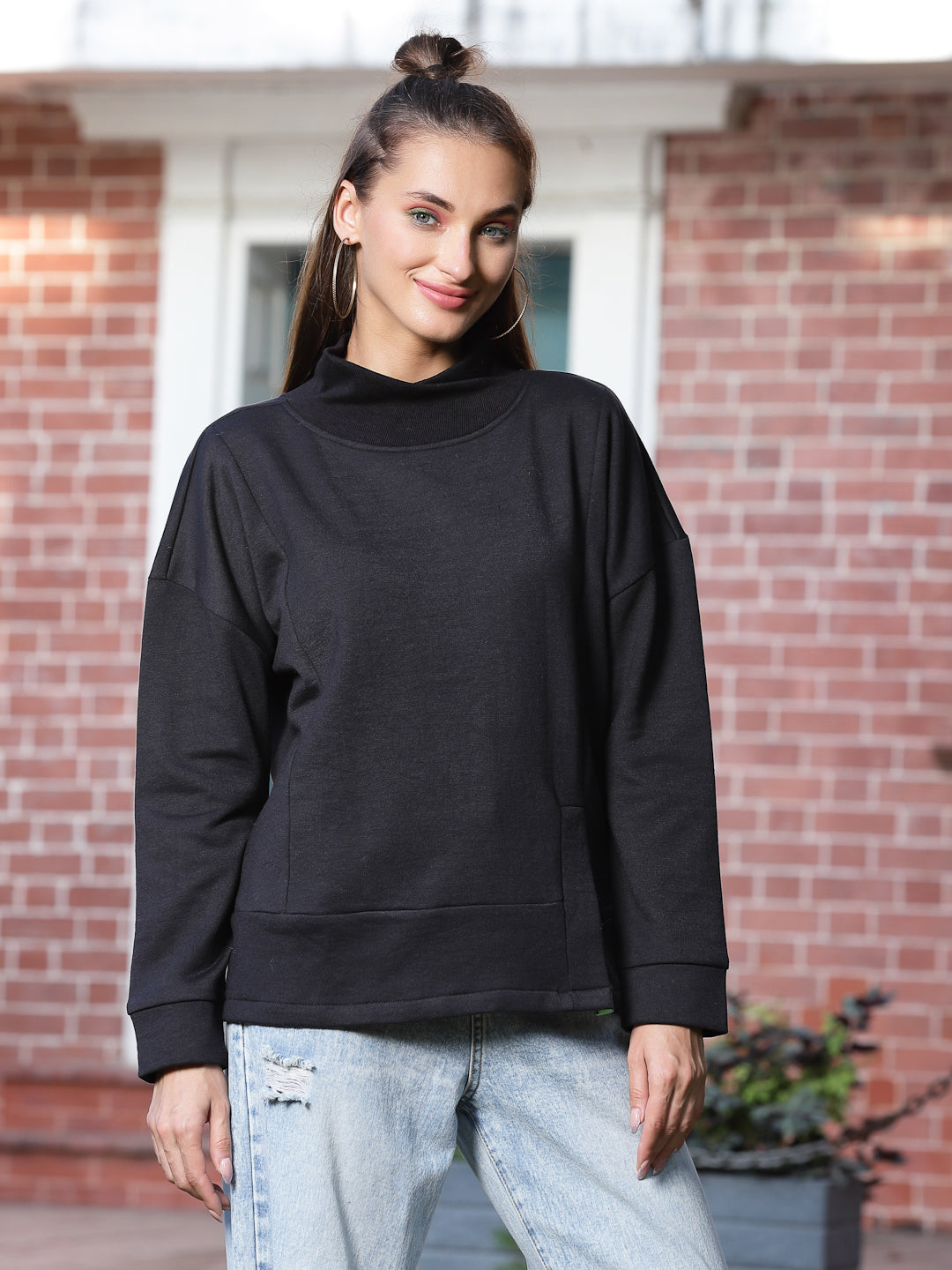 Athena Women Solid High Neck Side Slit Sweatshirt - Athena Lifestyle