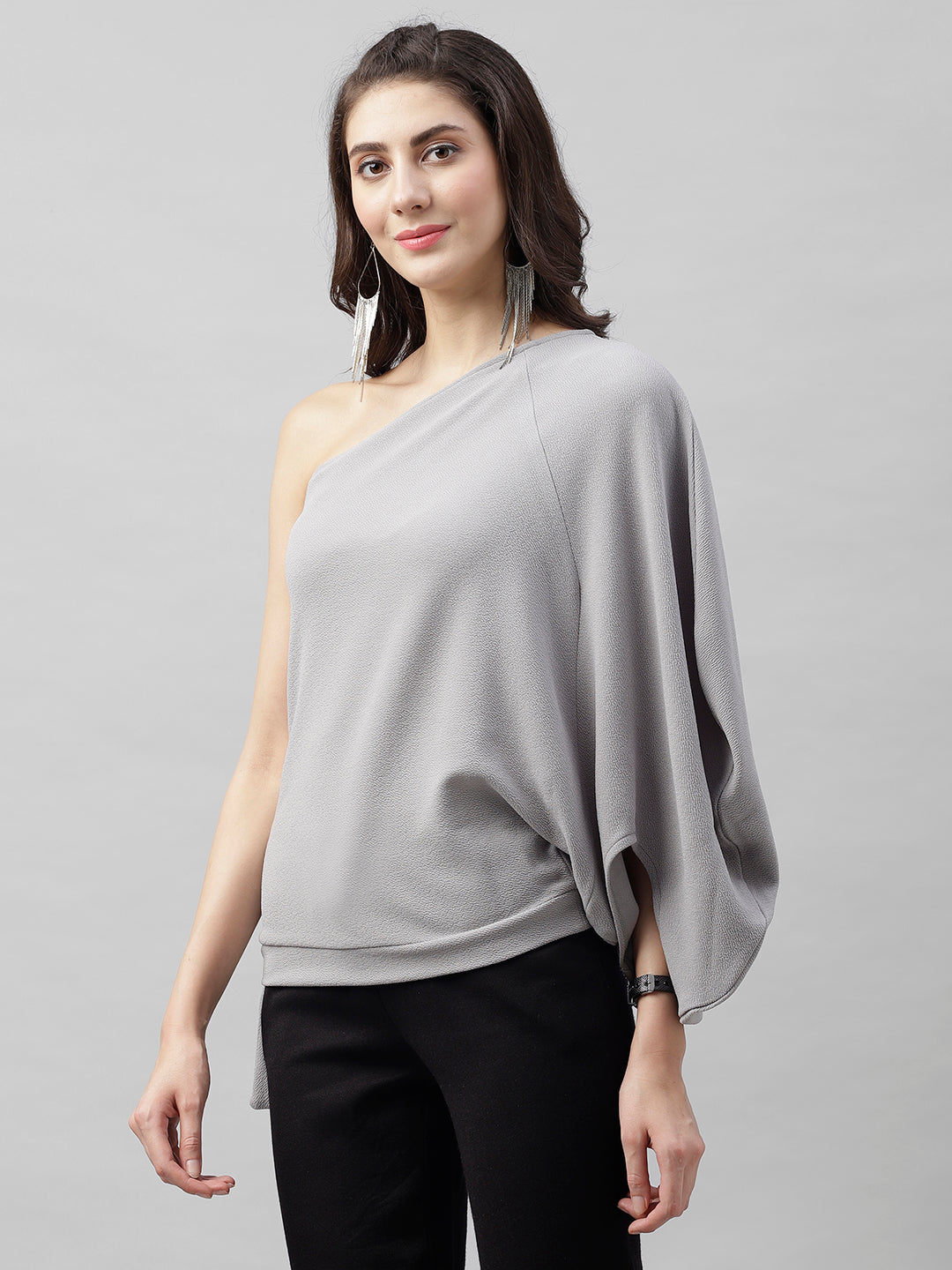 Athena Women Grey Solid One Shoulder Top with Side Knot Detail - Athena Lifestyle