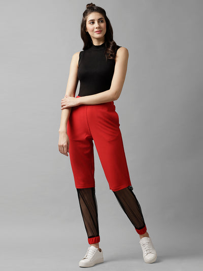 Athena Women Red & Black Loose Fit Solid Joggers - Athena Lifestyle