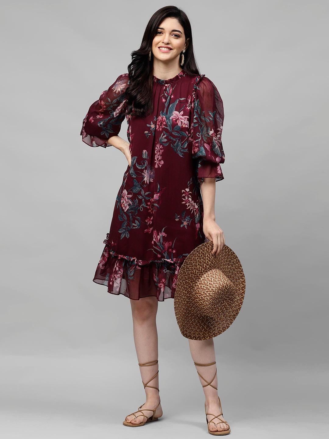 Athena Maroon & PInk Floral Printed A-Line Dress - Athena Lifestyle