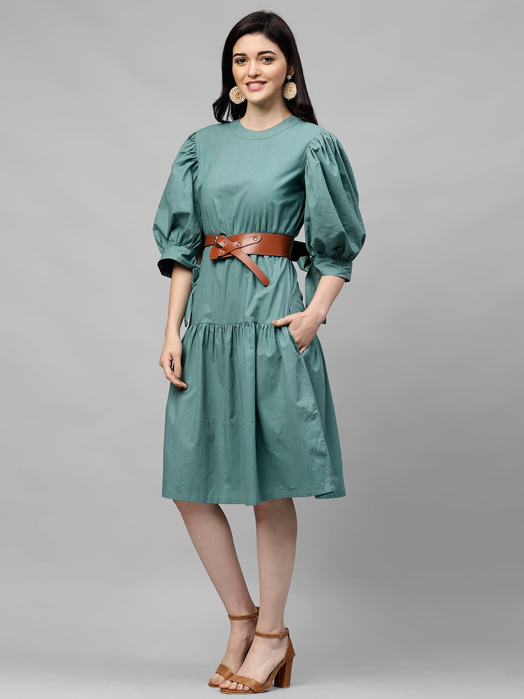 Athena Women Sea Green Solid A-Line Dress - Athena Lifestyle