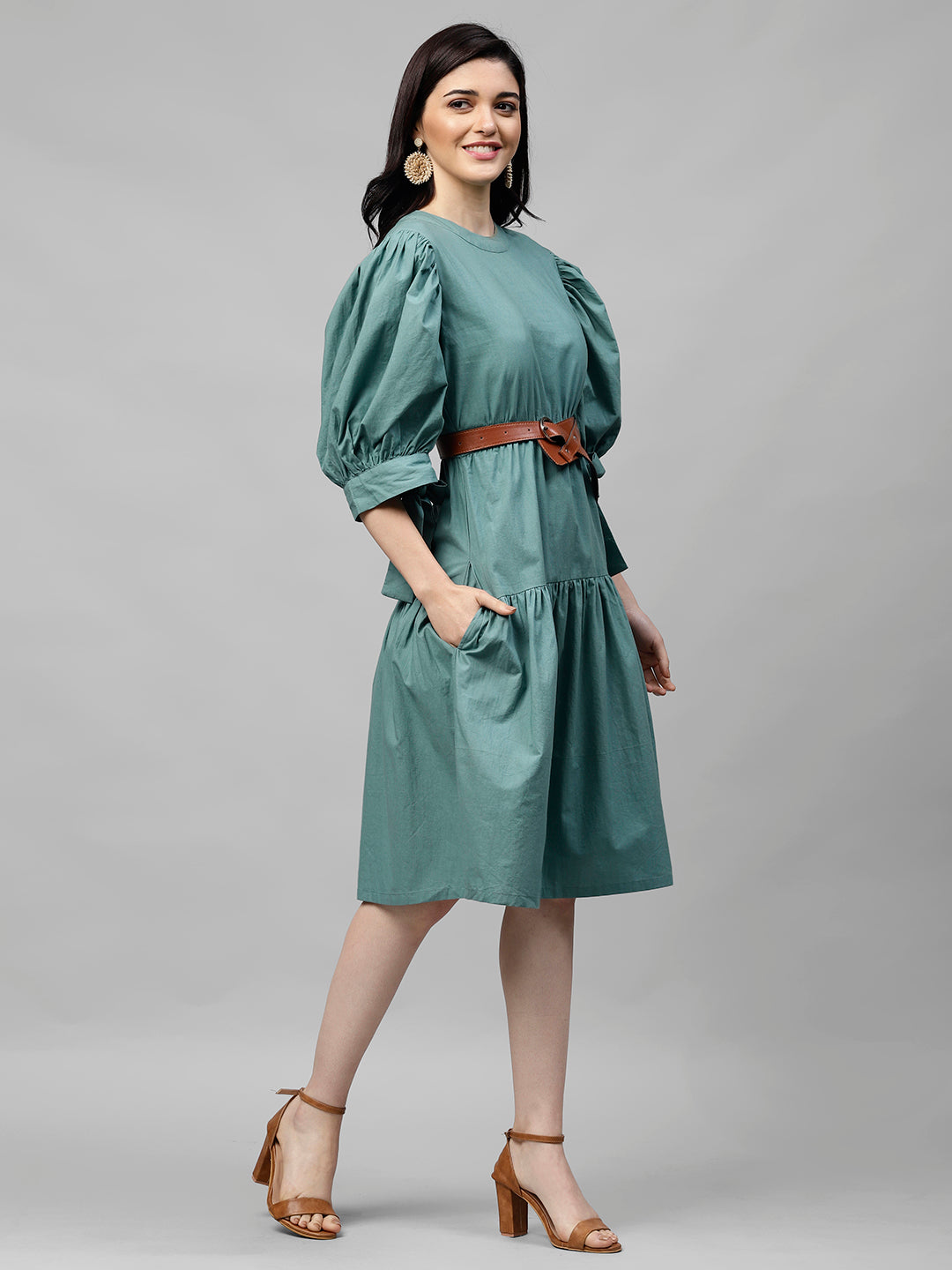 Athena Women Sea Green Solid A-Line Dress - Athena Lifestyle
