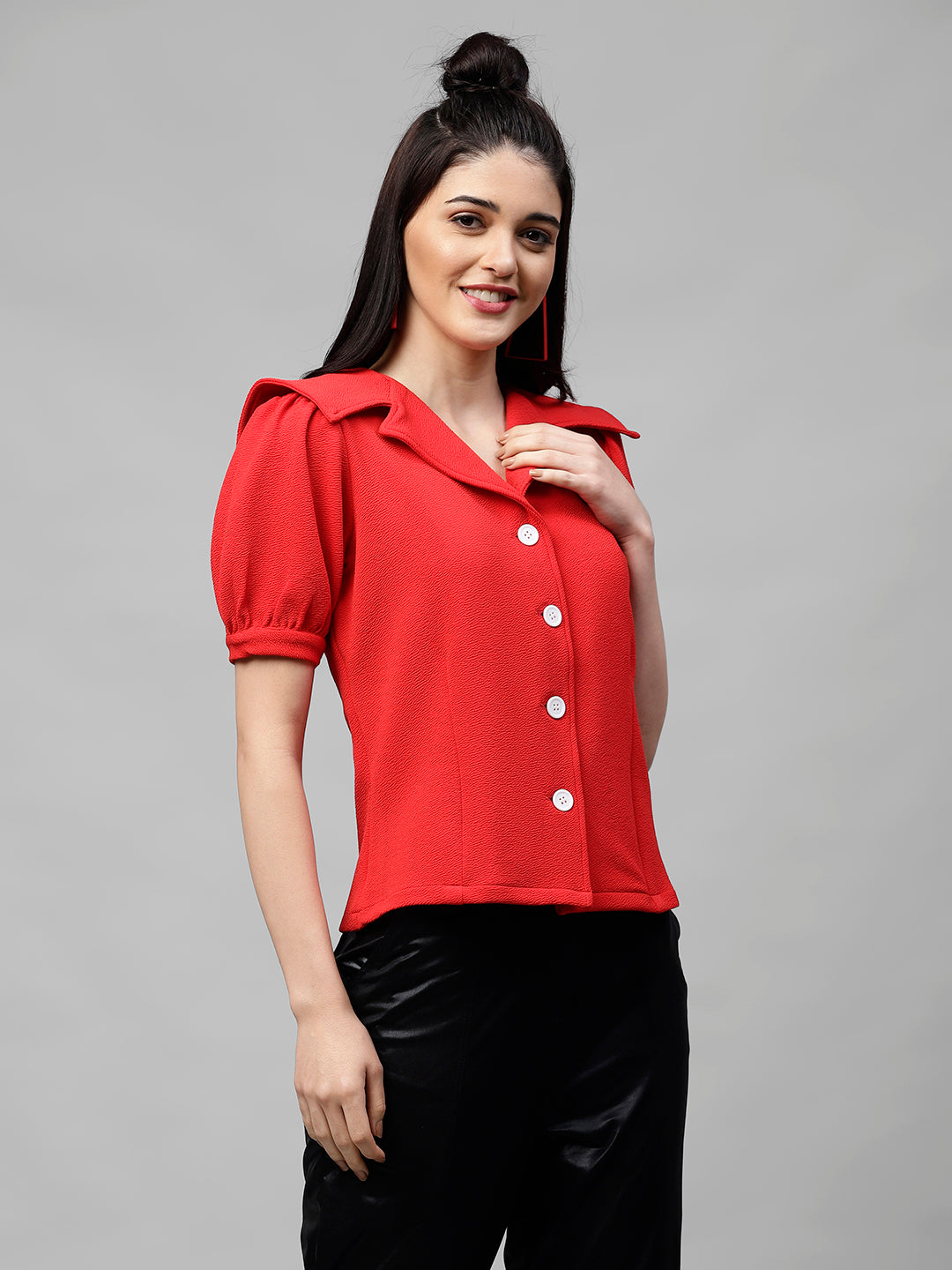 Athena Women Red Solid Shirt Style Top - Athena Lifestyle
