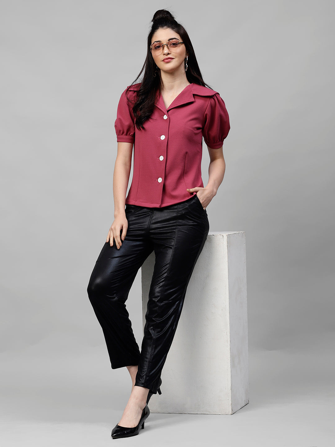 Athena Women Magenta Solid Shirt Style Top - Athena Lifestyle