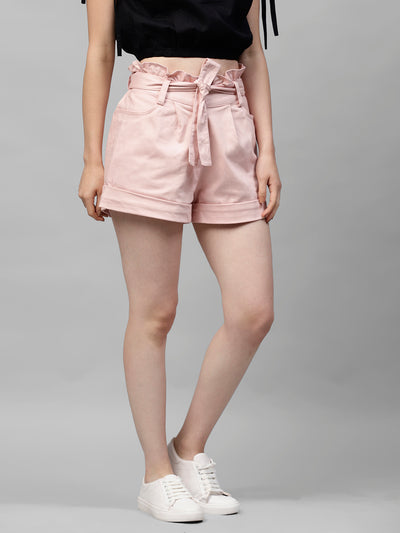 Athena Women Pink Solid Regular Fit Denim Shorts - Athena Lifestyle