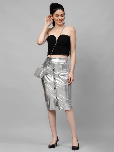 Athena Silver-Coloured Pencil Skirt With Pocket Detailing - Athena Lifestyle
