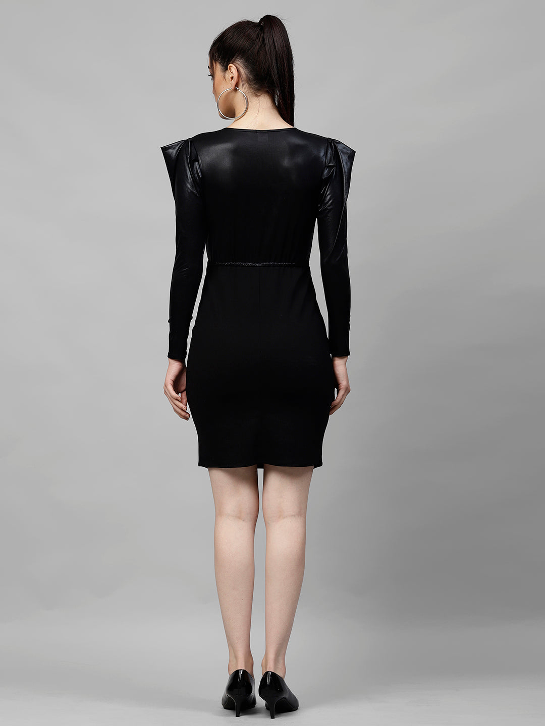Athena Women Black Solid Sheath Dress with Puff Sleeves - Athena Lifestyle