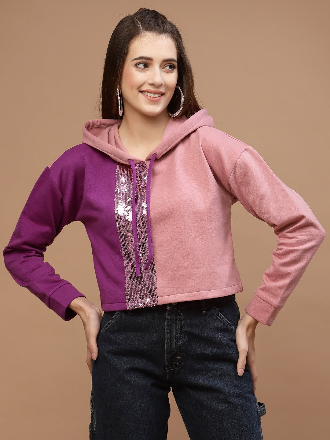 Athena Women Colourblocked Sequined Hooded Sweatshirt - Athena Lifestyle