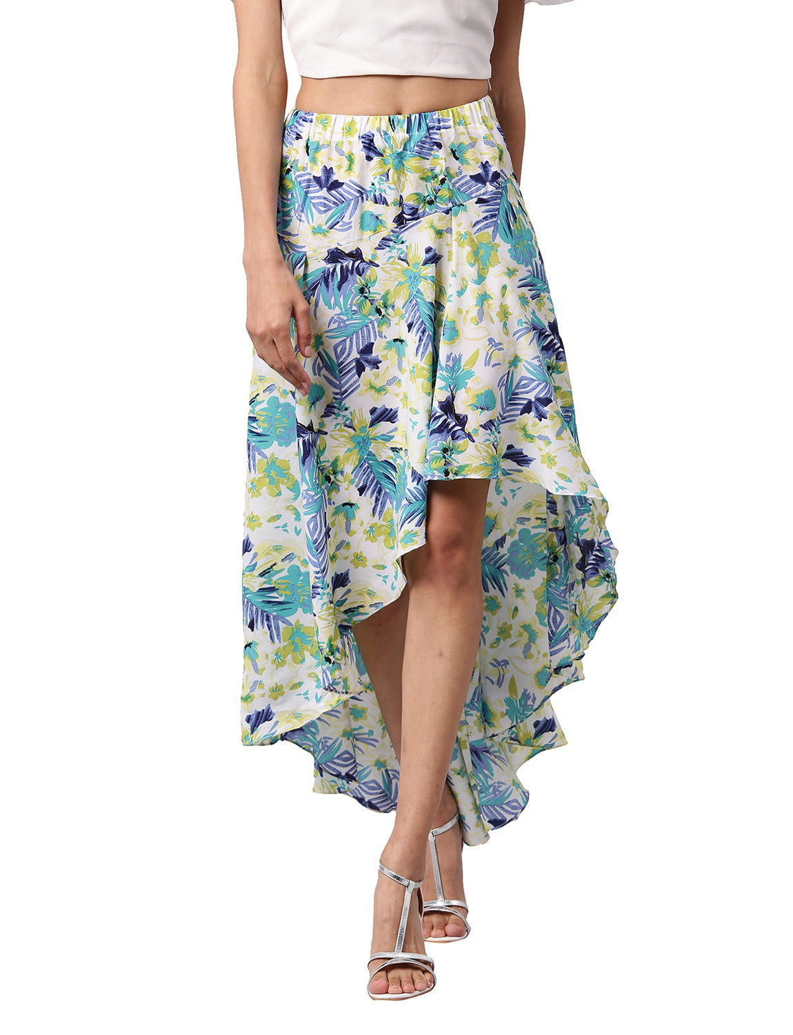 Athena White & Blue Floral Printed Knee-Length Skirt - Athena Lifestyle